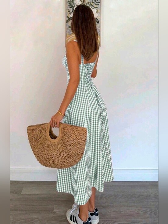Boutique Dresses & Skirts - New Gingham Lace Up Back A Line Midi Dress Green White Cotton